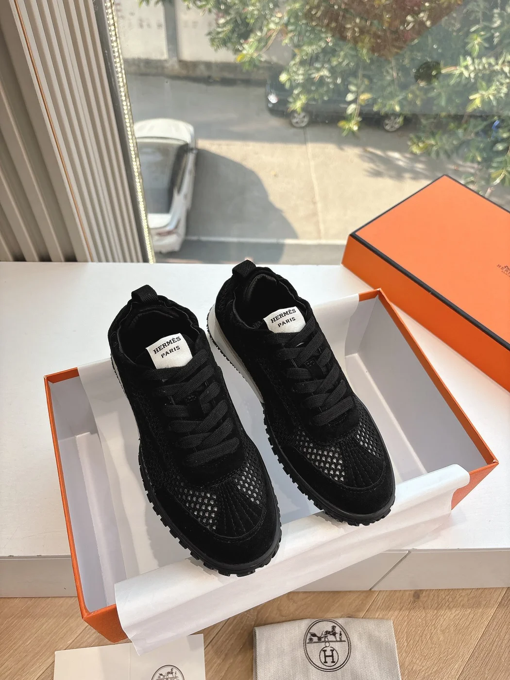 Hermès Women Black Suede Mesh Sneakers product view 3