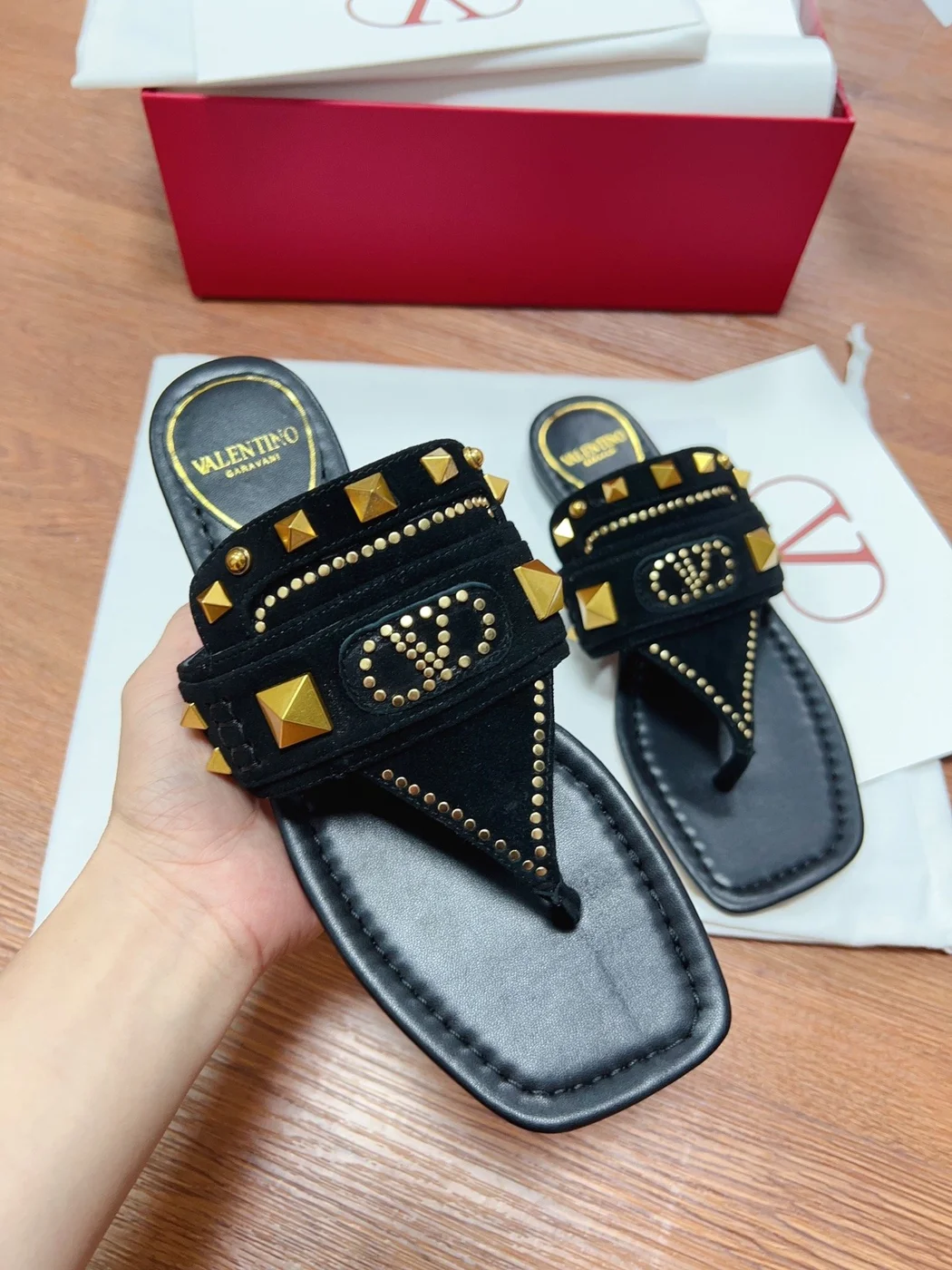 Valentino Women Black Suede Studded Sandals product view 4