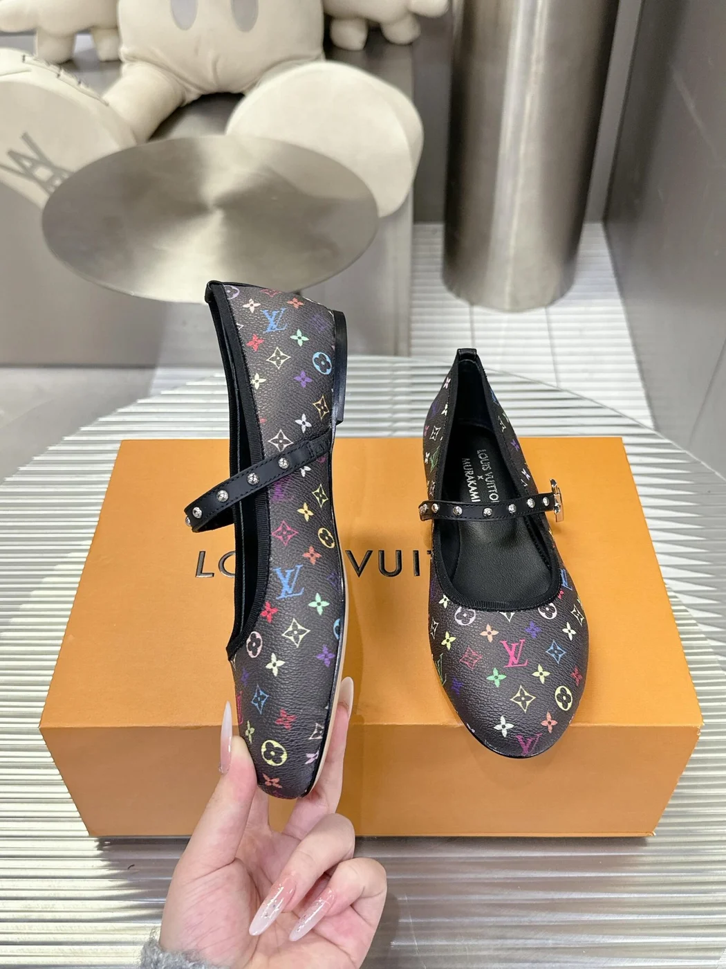 Louis Vuitton Women Black Leather Multicolor Monogram Mary Jane Flats product view 4