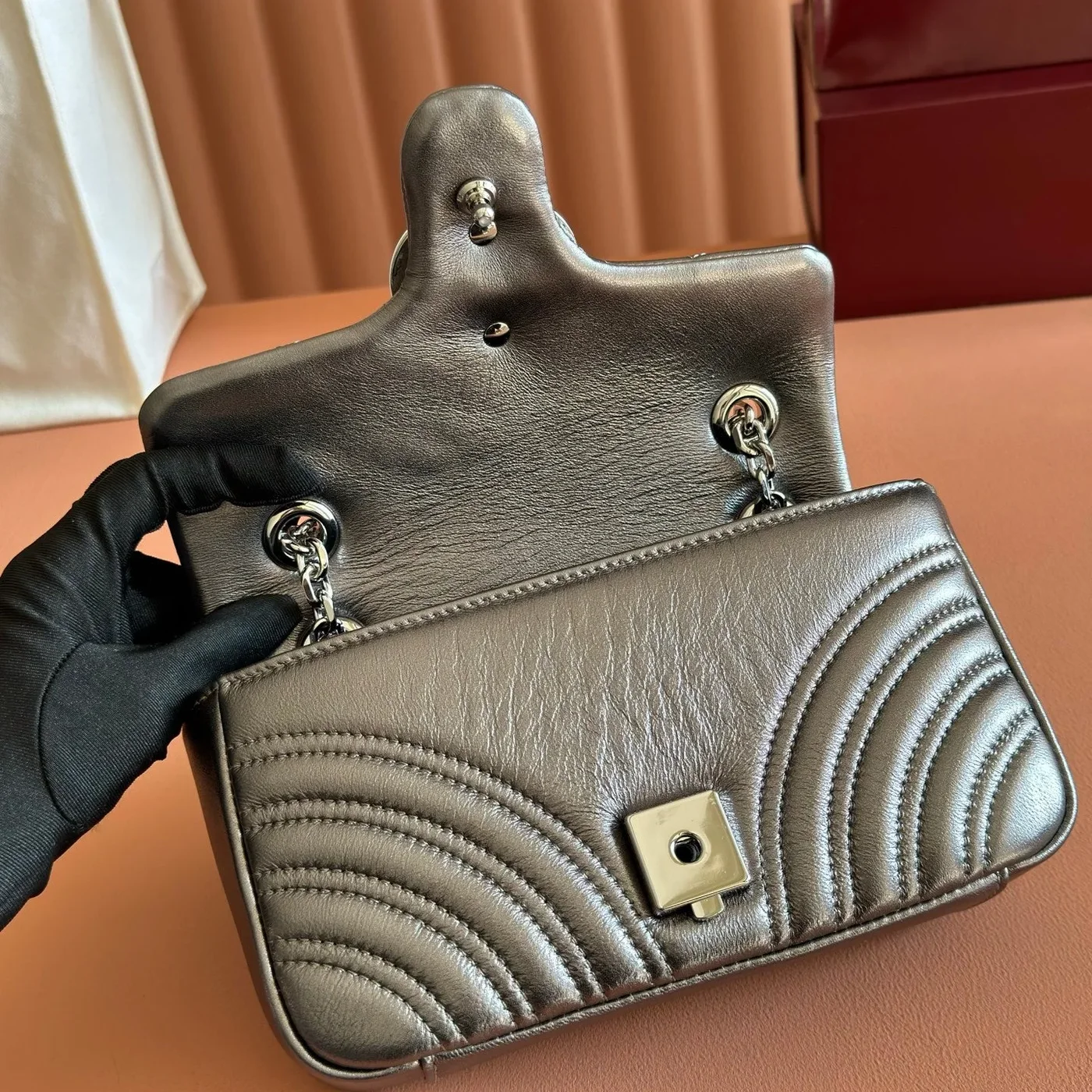 Gucci GG Marmont Bag 22 In Warm Gray Brown Lambskin product view 5