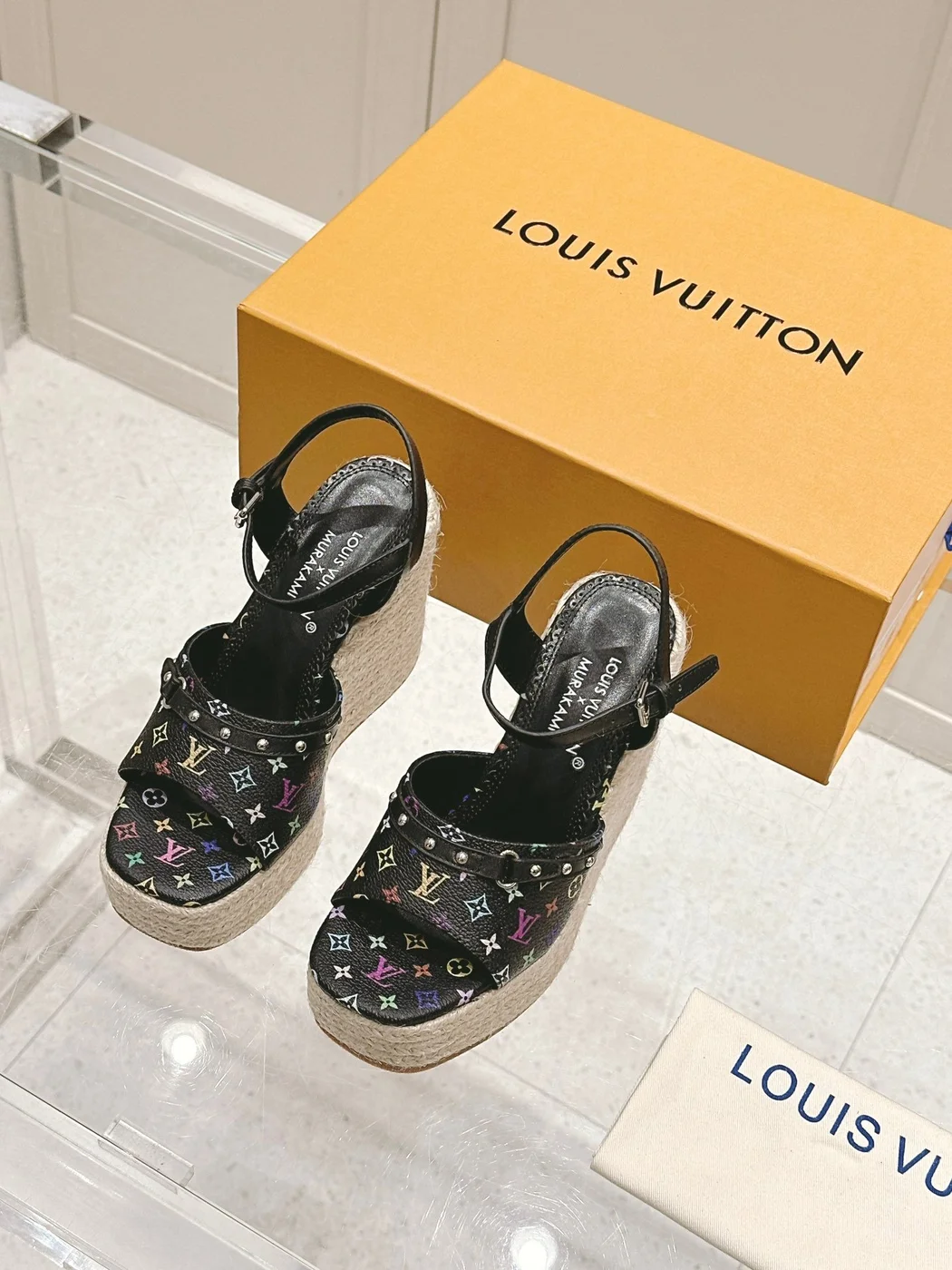 Louis Vuitton Women Black Leather Espadrille Wedge Sandals product view 1