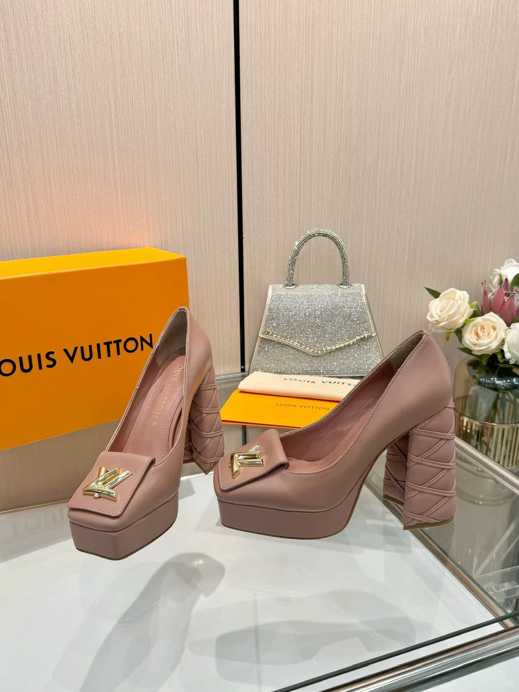Louis Vuitton Women Pink Leather Quilted Block Heels product view 3
