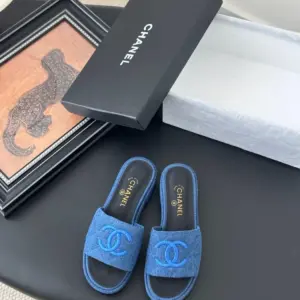 Chanel Women Blue Denim Slides product view 1