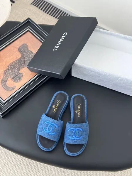 Chanel Women Blue Denim Slides product view 1