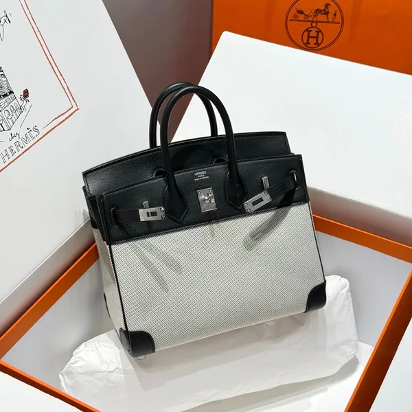 Hermès Birkin 25 cm In Black Swift White Toile Canvas (Custom-Made) Bag product view 1