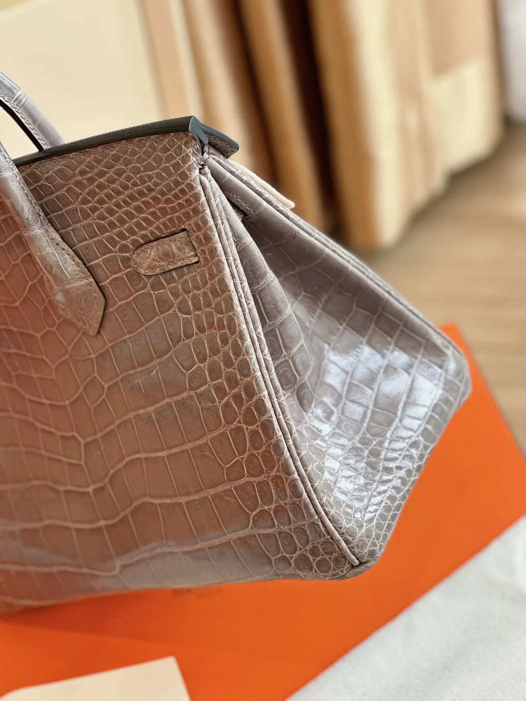 Hermès Etoupe Birkin 25 Porosus Crocodile Leather Palladium Hardware Bag product view 4