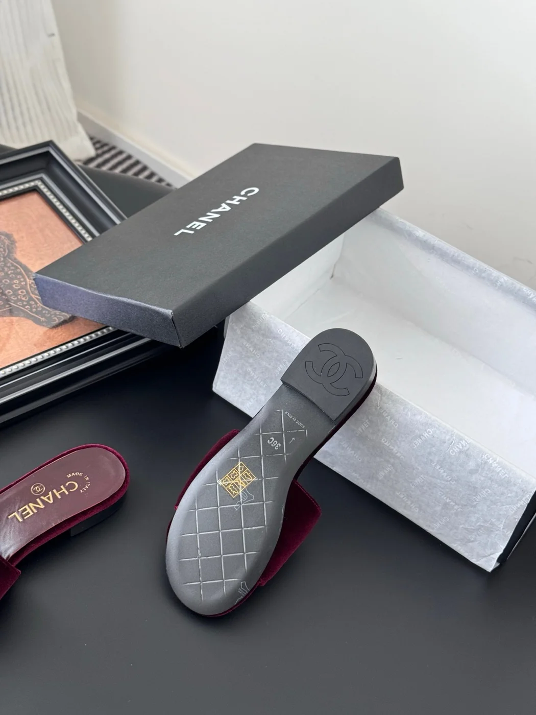 Chanel Women Burgundy Velvet Slides product view 4