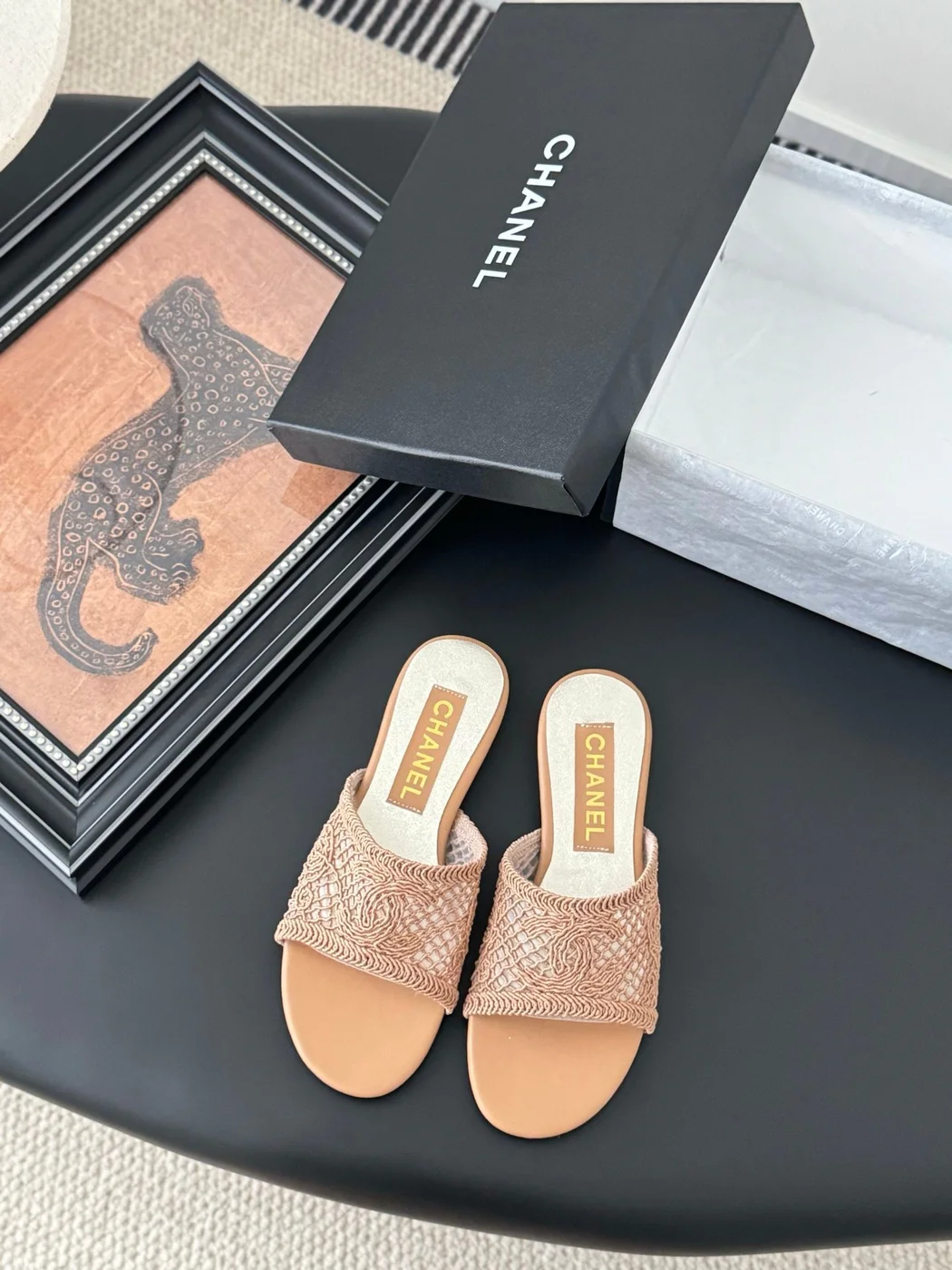 Chanel Women Beige Woven Fabric Slides product view 1