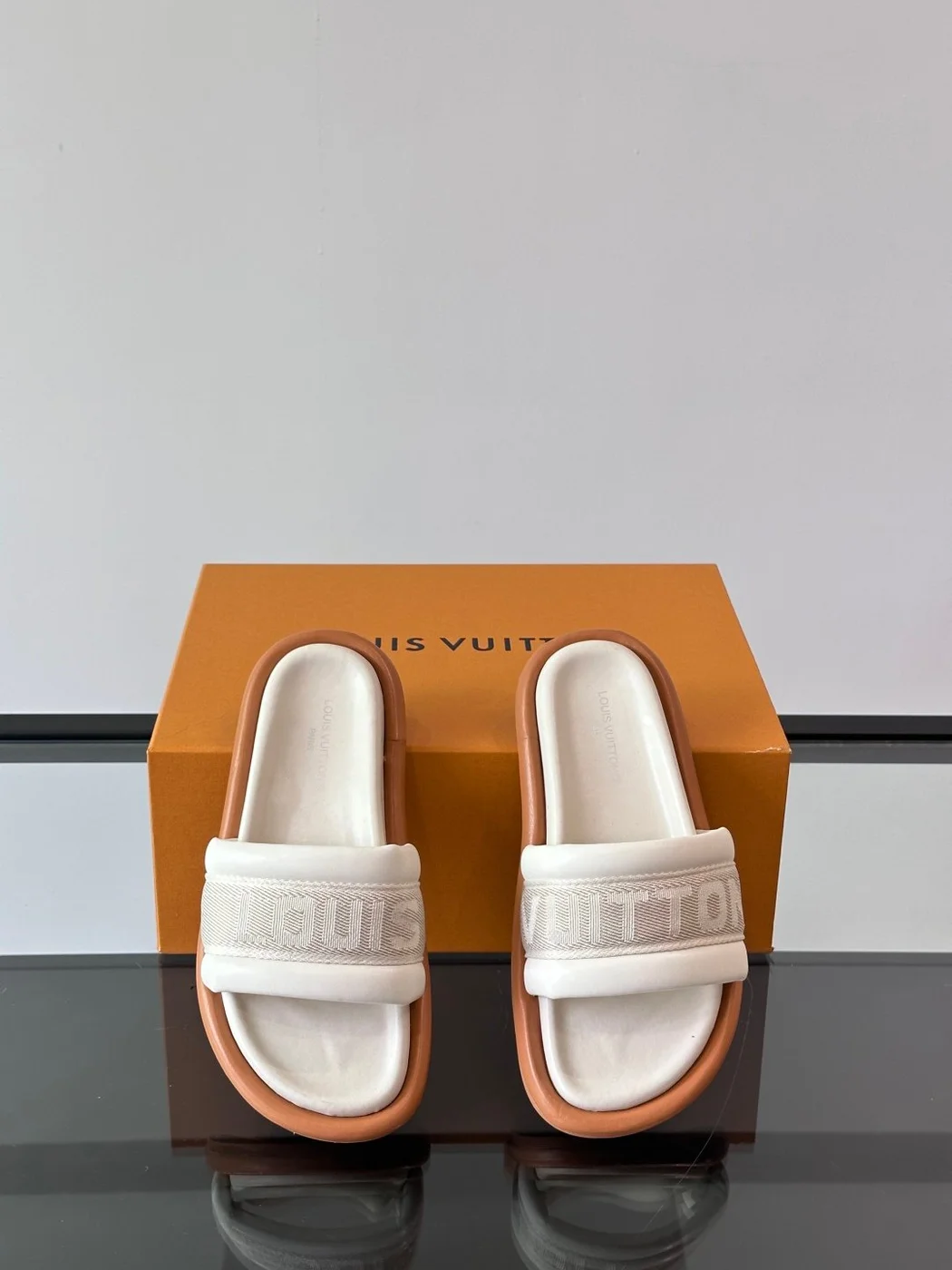 Louis Vuitton Men Beige Fabric Slides With Brown Sole product view 6