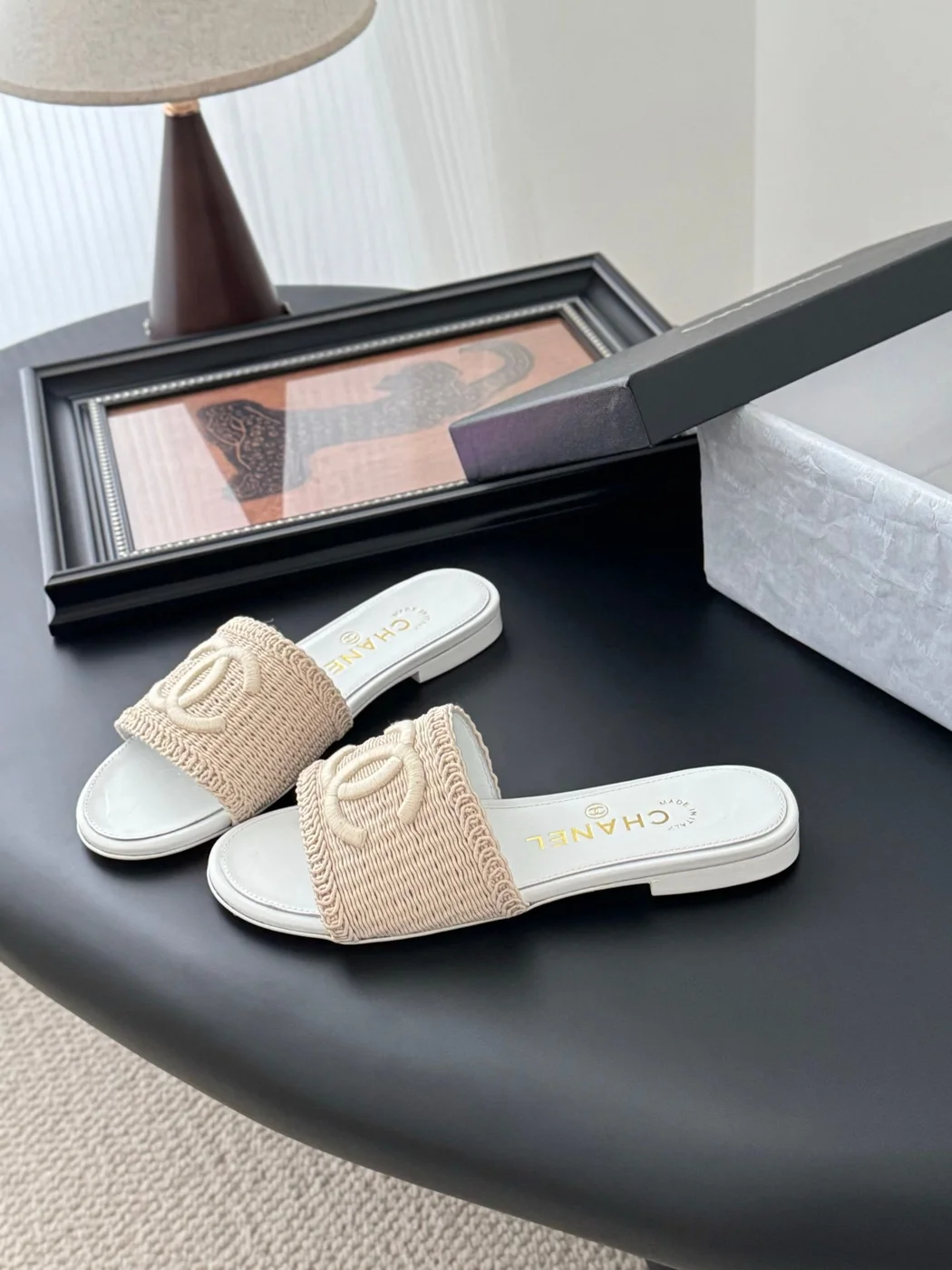 Chanel Women Beige Woven Fabric Slides product view 2