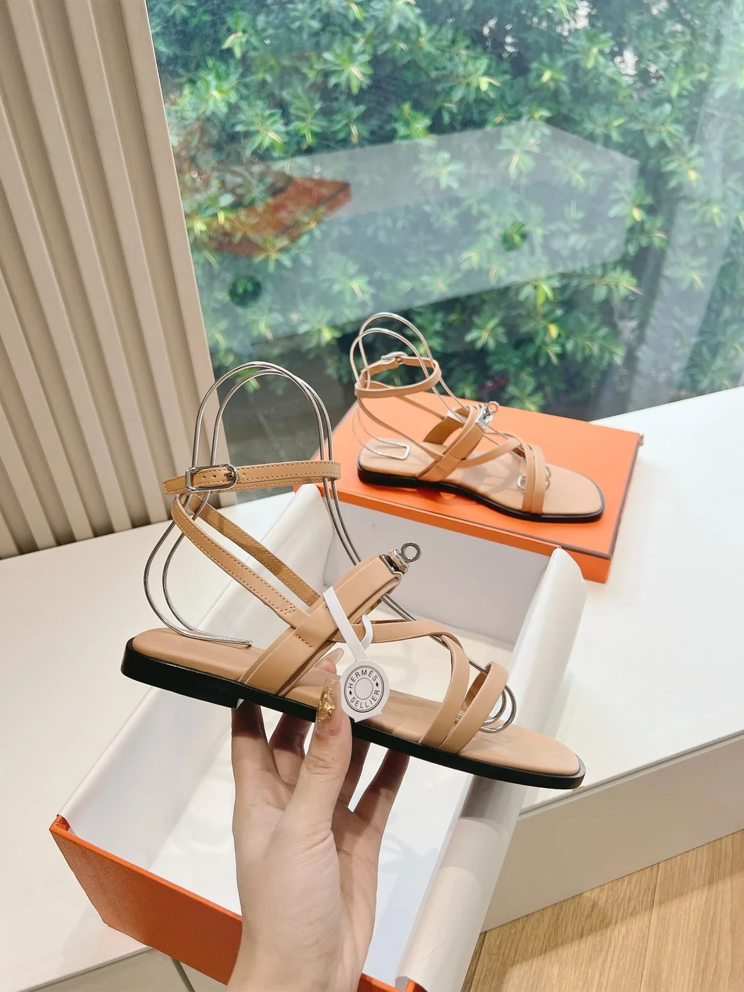 Hermès Women Beige Leather Strappy Sandals product view 5