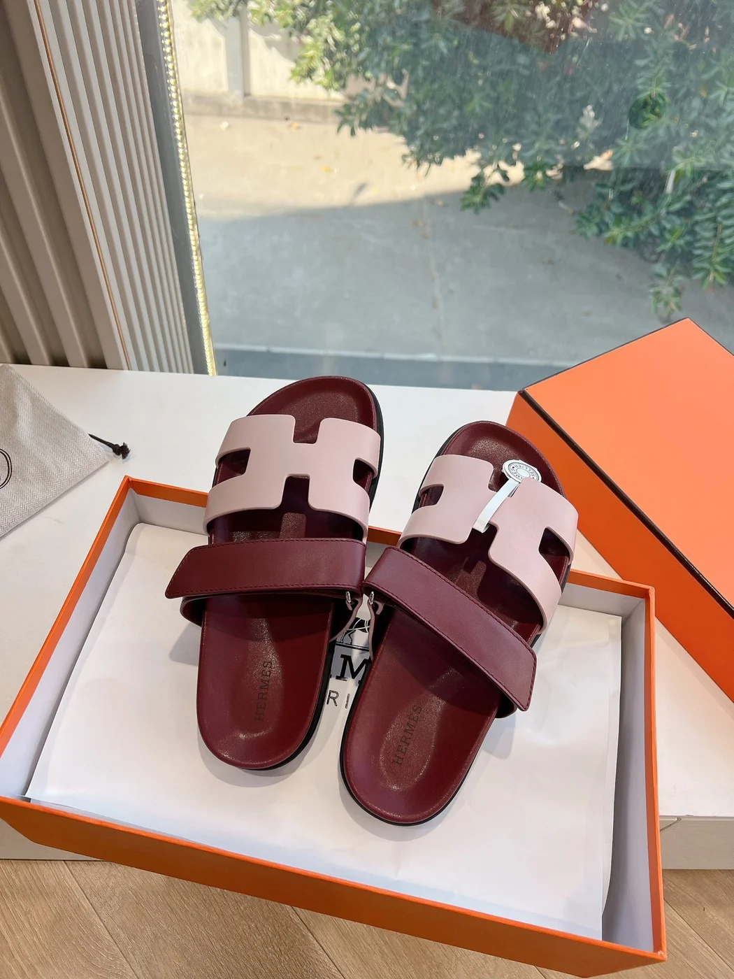 Hermès Women Burgundy Leather Pink Accent Sandals product view 4