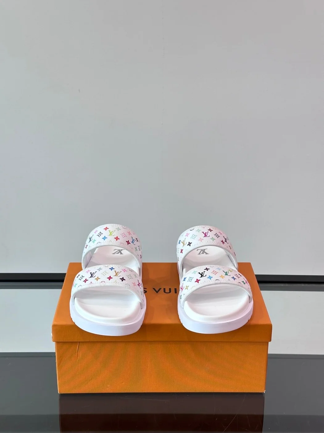 Louis Vuitton Men White Canvas Multicolor Logo Slides product view 3