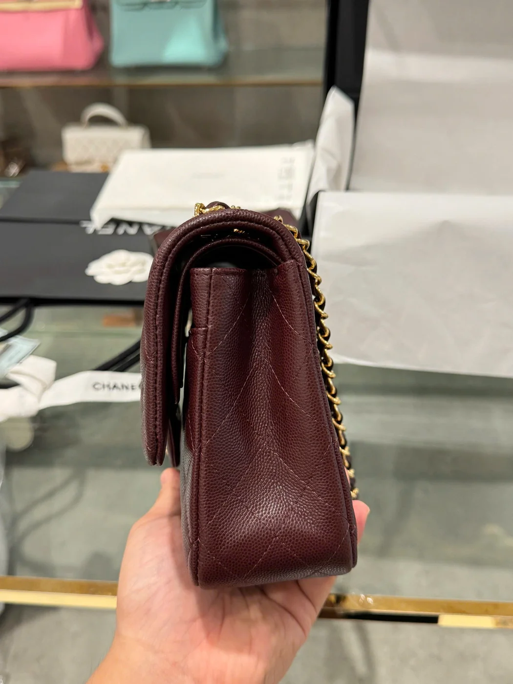 Chanel Classic Plum Red Color Handbags With Lock Gold 25 cm product view 5