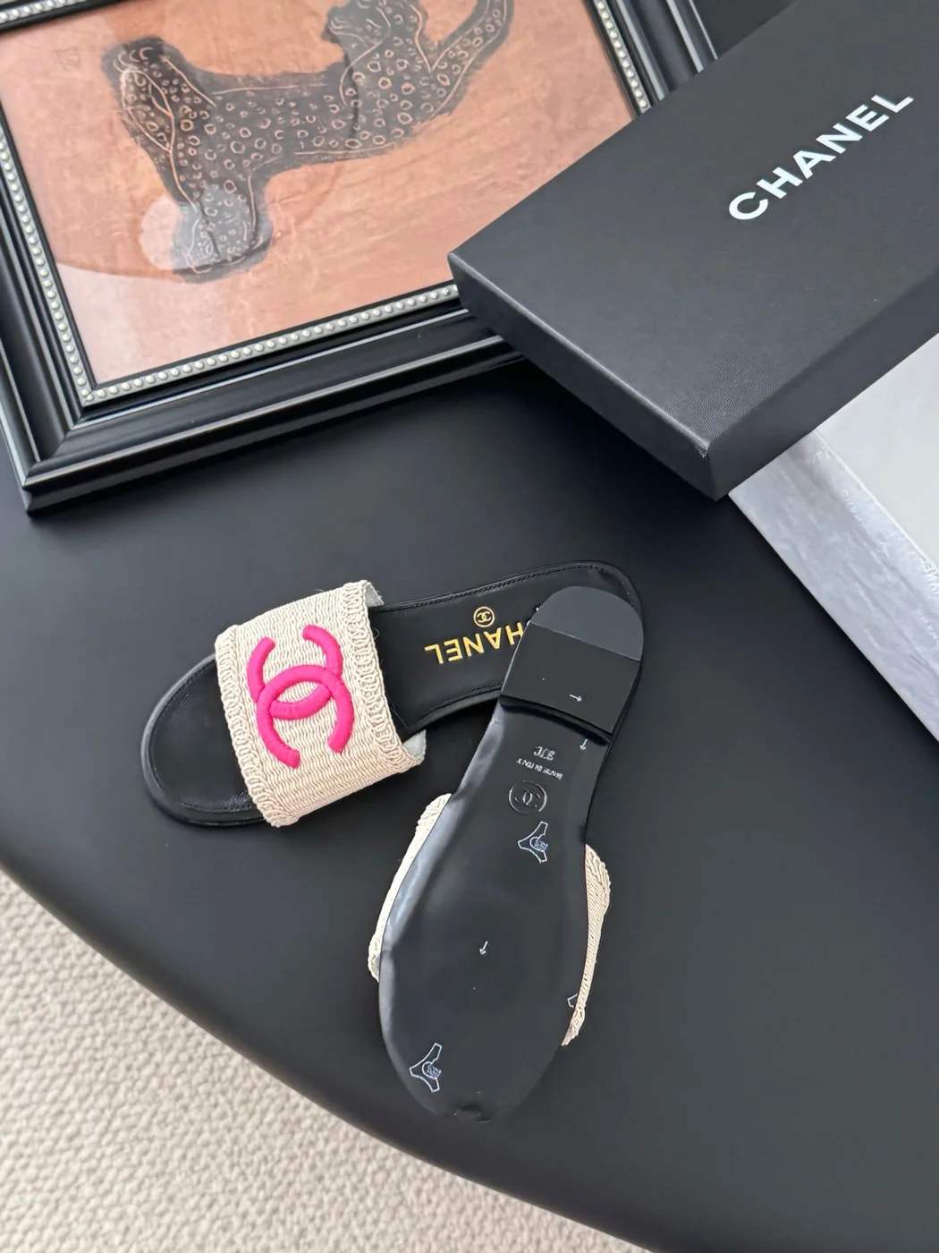 Chanel Women Black Leather And Beige Fabric Slides product view 4