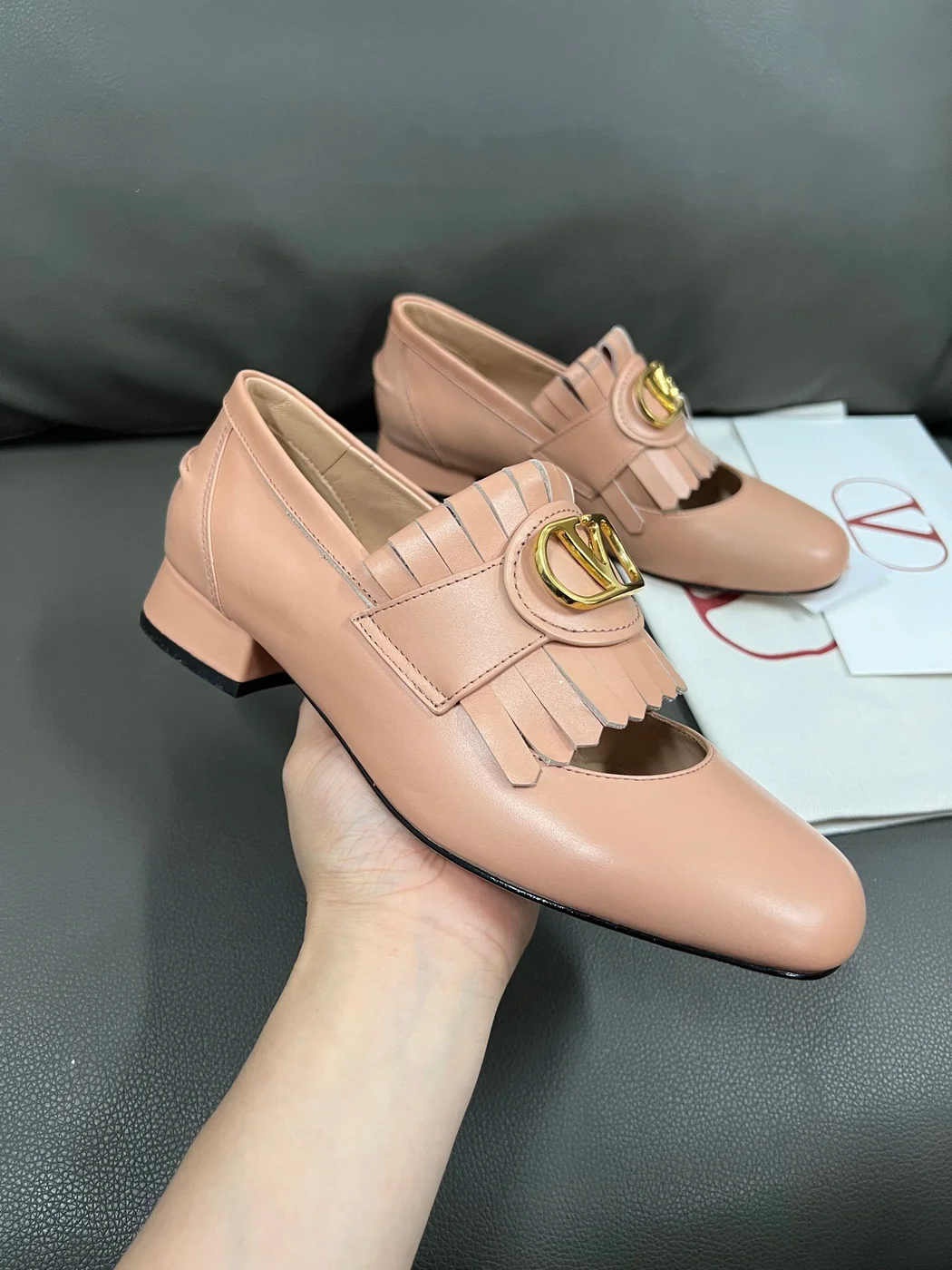 Valentino Women Peach Pink Leather Fringe Loafers product view 4