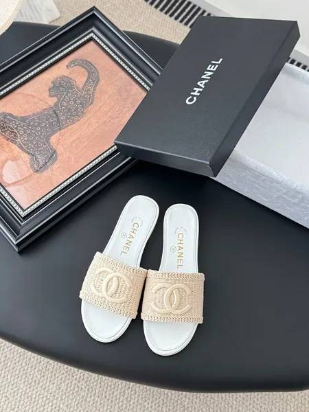 Chanel Women Beige Woven Fabric Slides product view 1