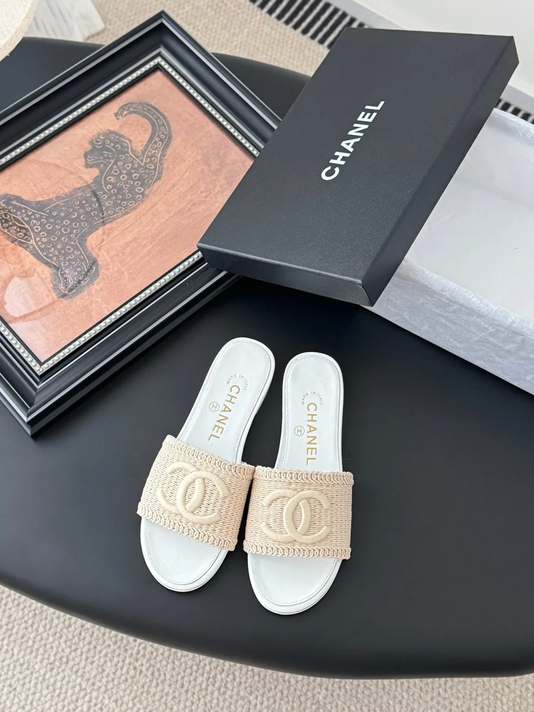 Chanel Women Beige Woven Fabric Slides product view 1
