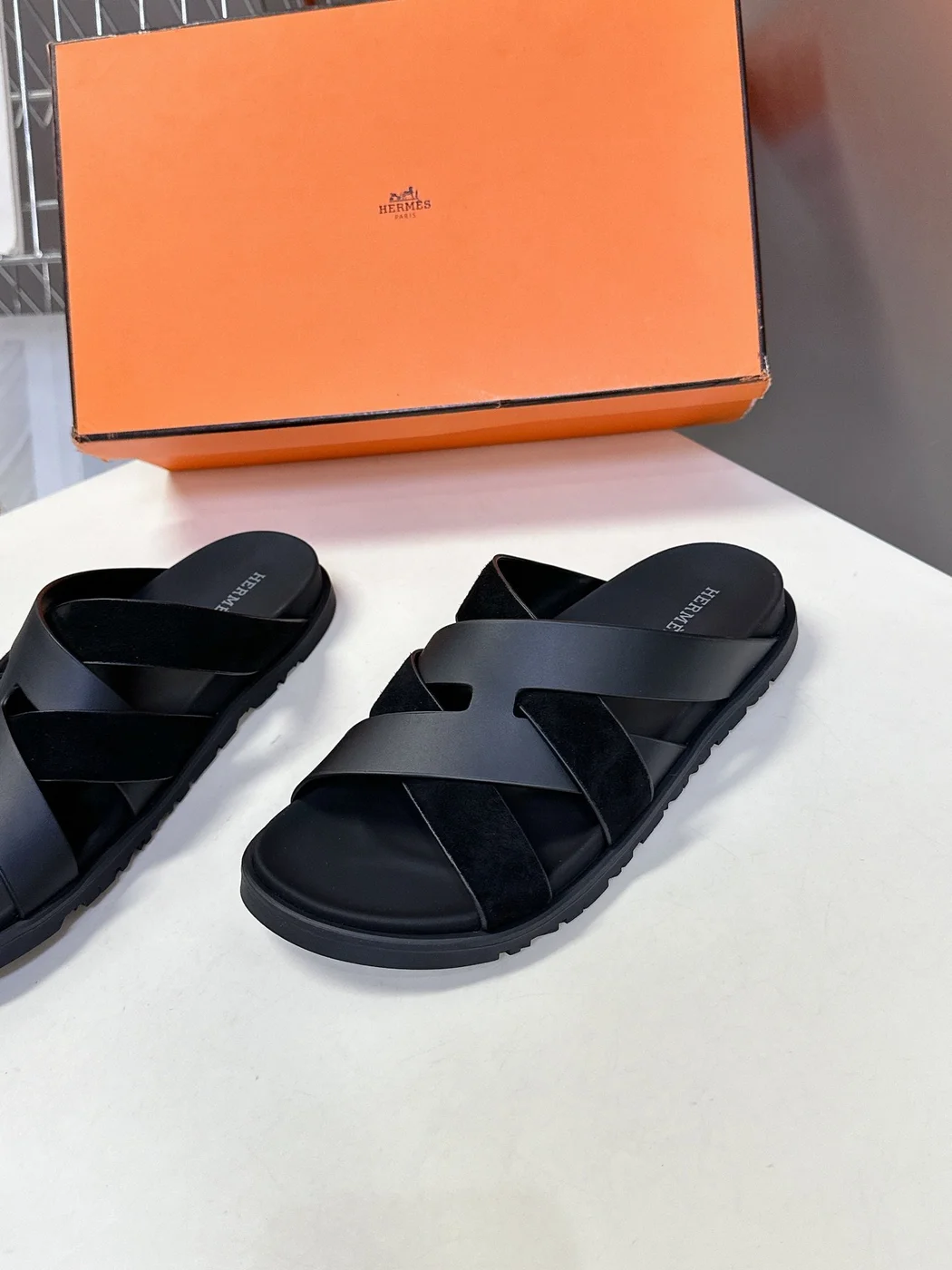 Hermès Women Black Leather Suede Sandals product view 4