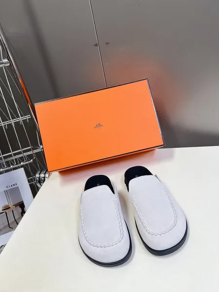 Hermès Women White Suede Leather Slippers product view 1