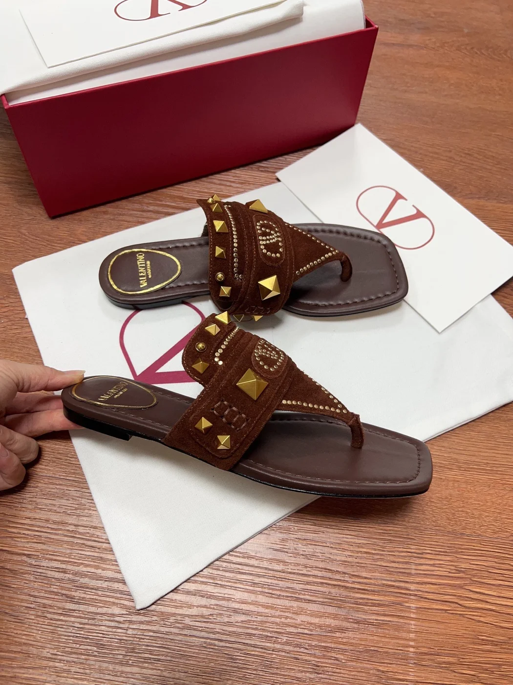 Valentino Women Brown Suede Studded Flats product view 2