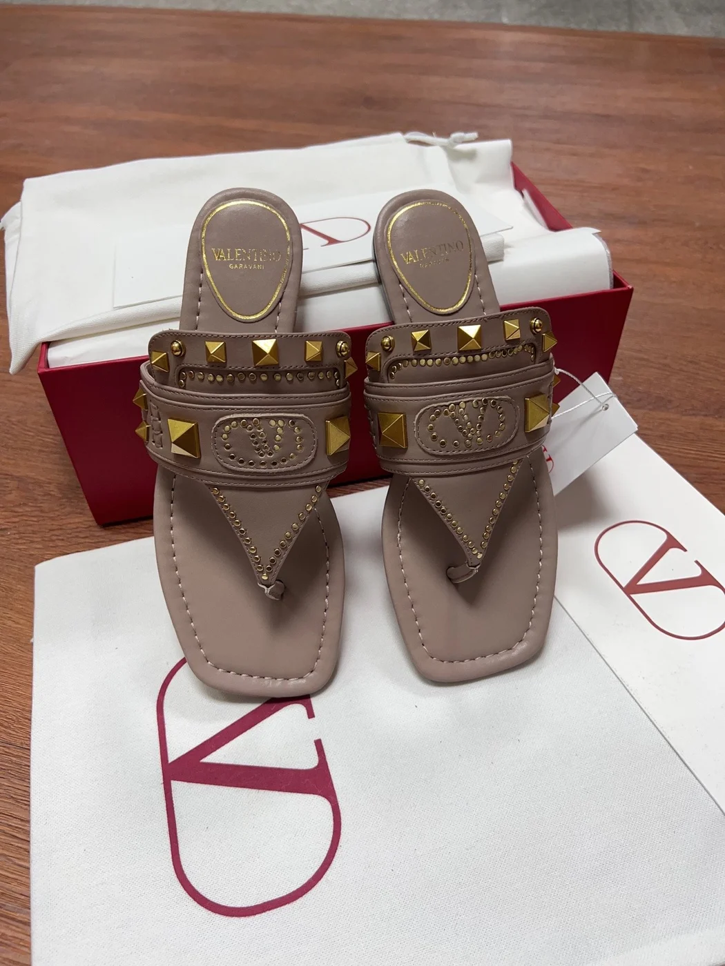 Valentino Women Taupe Leather Studded Sandals product view 2