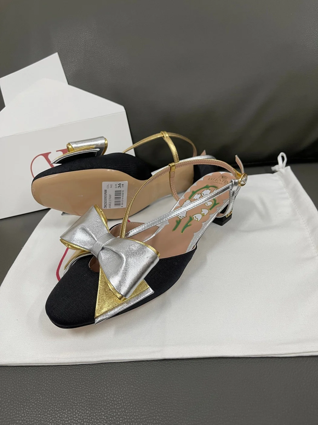 Valentino Women Black Satin Silver Gold Leather Heels product view 2