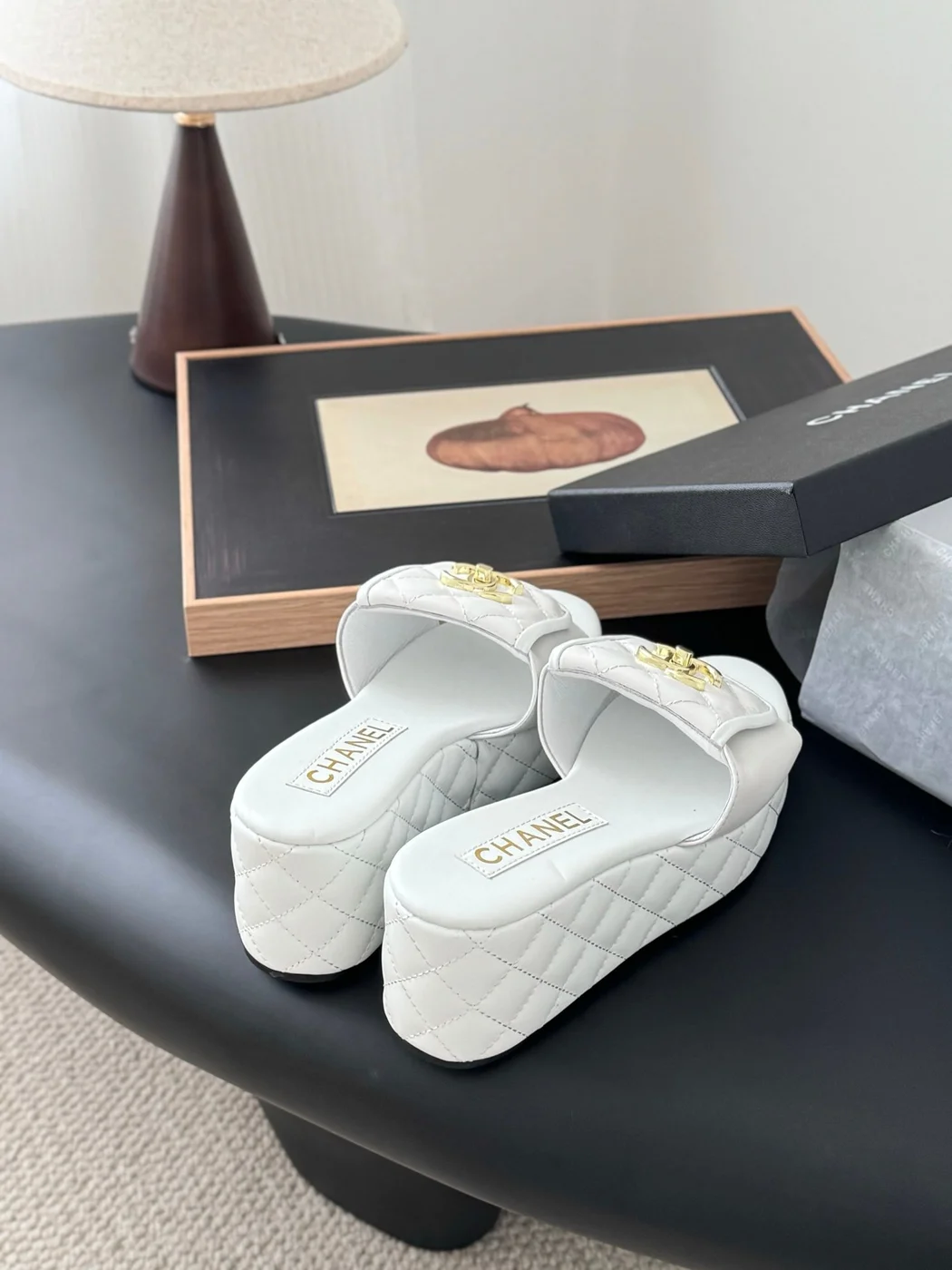 Chanel Women White Quilted Leather Slides product view 3