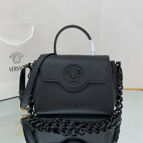 Versace La Medusa medium top handle bag in black grained leather product view 1