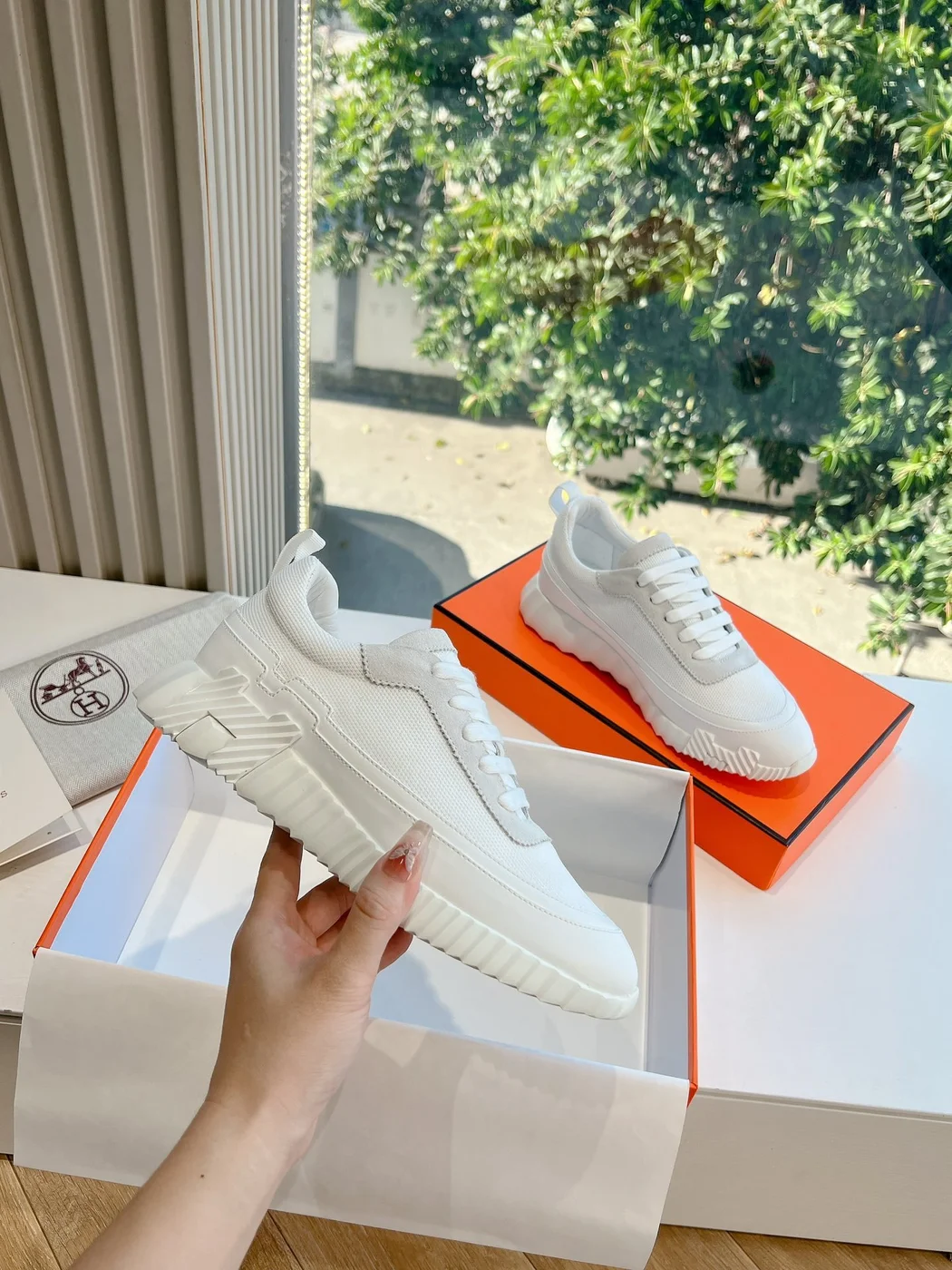 Hermès Women White Mesh And Leather Sneakers product view 5