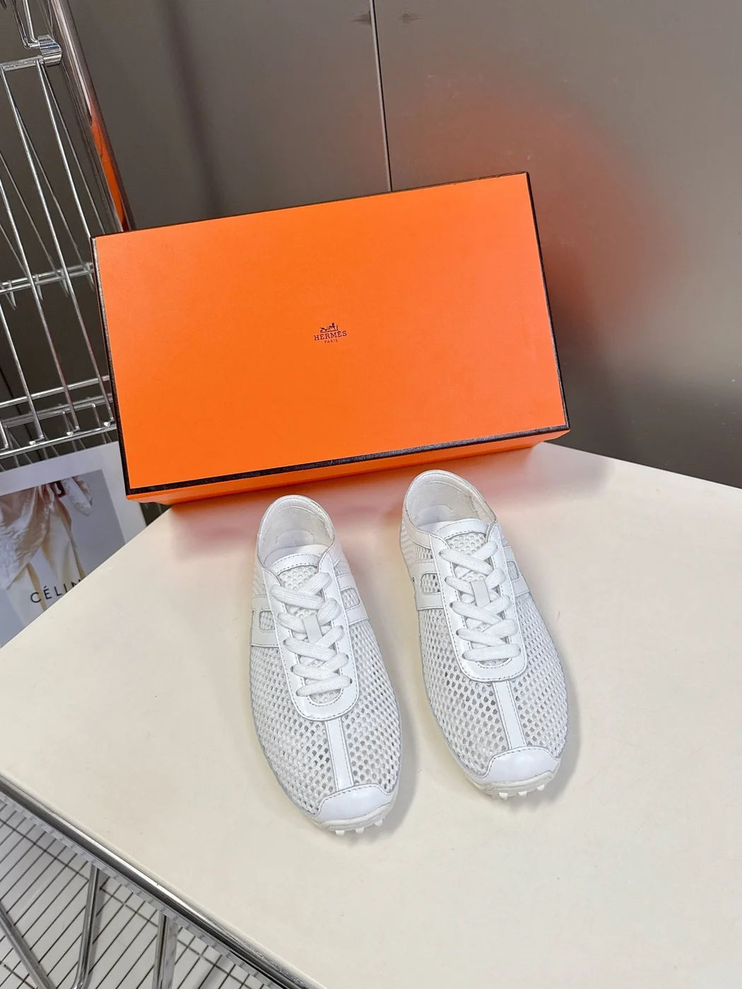 Hermès Women White Mesh Leather Sneakers product view 1