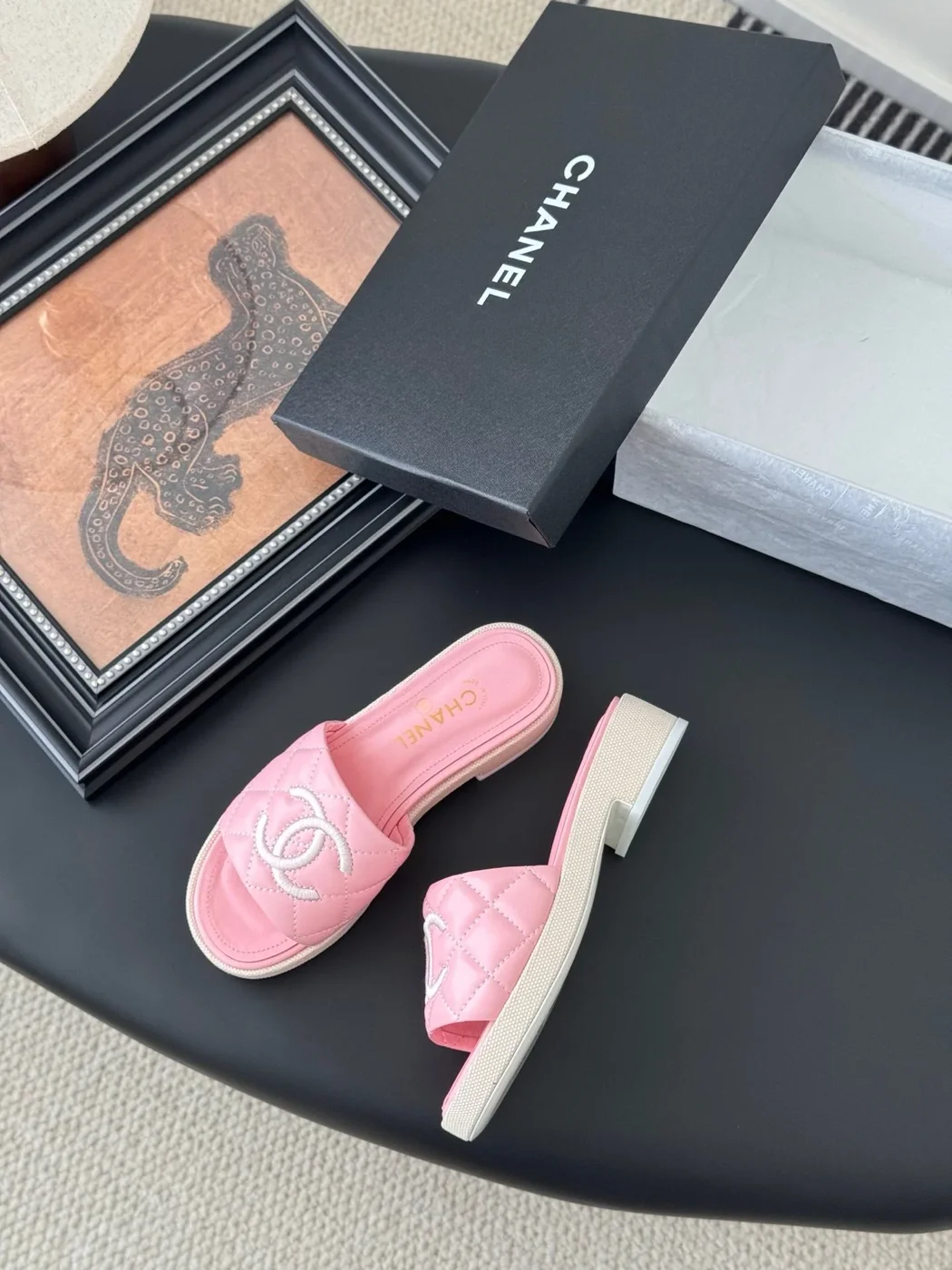 Chanel Women Pink Quilted Leather Slides product view 3