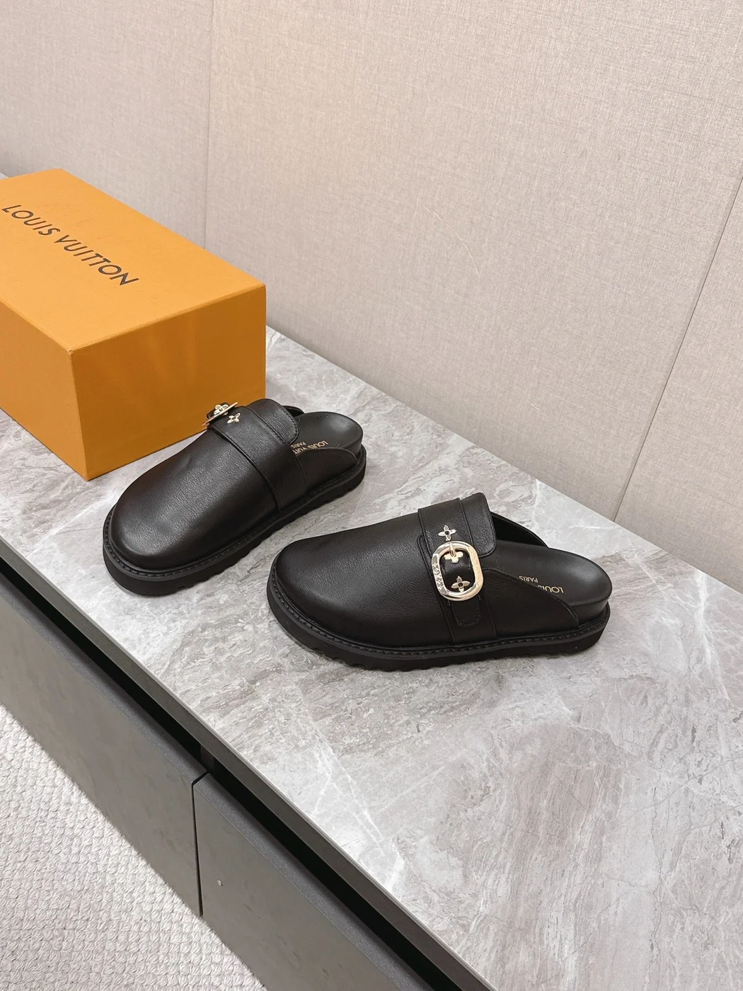 Louis Vuitton Women Black Leather Mules — Round Gold-Tone Buckle Detail product view 3