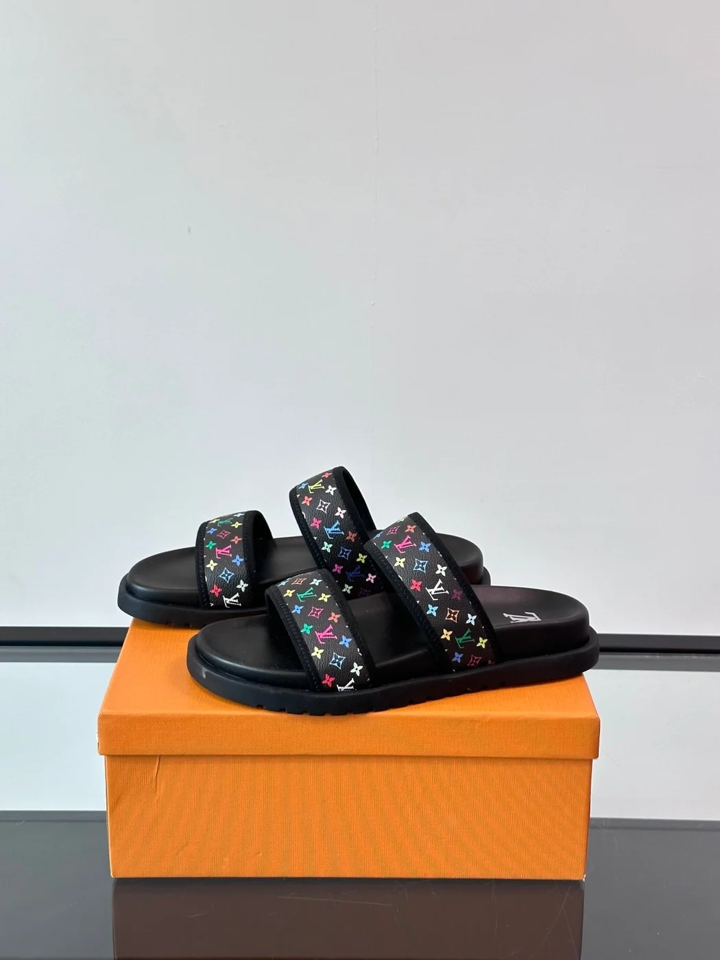 Louis Vuitton Men Black Canvas Double Strap Slides product view 3