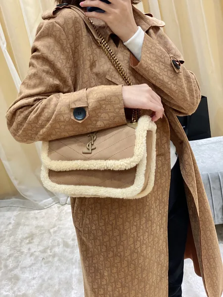 Saint Laurent Medium Niki Shoulder Bag in Tan/Cream Nubuck and Shearling Brown Beige product view 6
