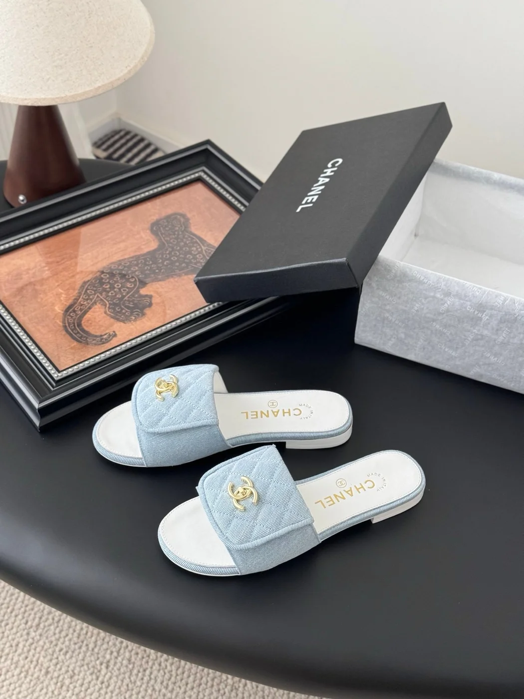 Chanel Women Light Blue Quilted Fabric Slides product view 2