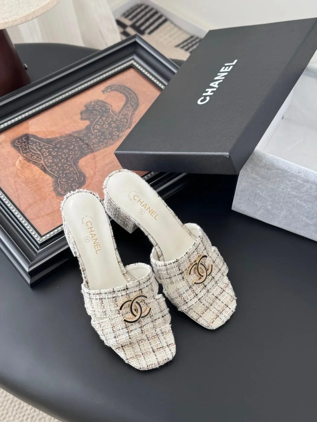 Chanel Women Cream Tweed Slides product view 6