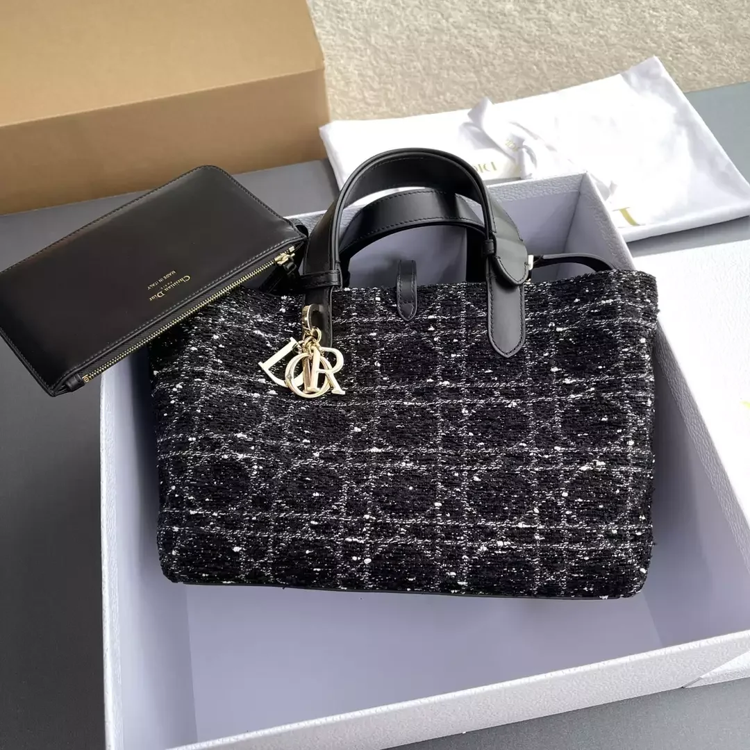 Dior Calfskin Tweed Cannage Medium Toujours Black White Bag product view 1