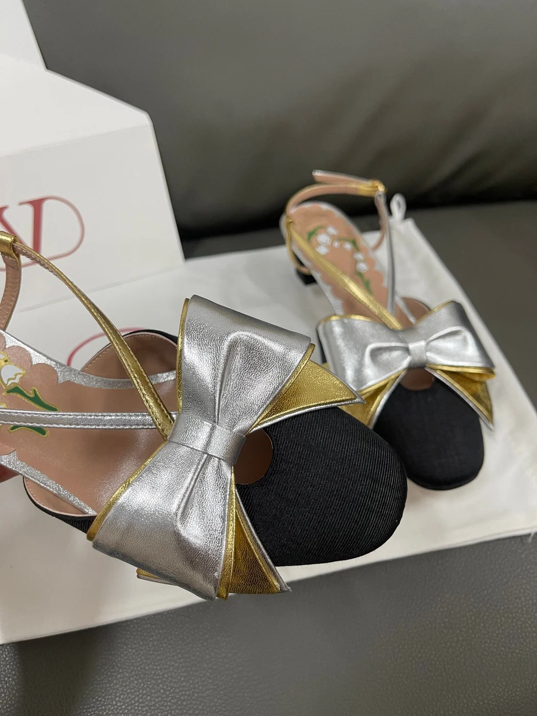 Valentino Women Black Satin Silver Gold Leather Heels product view 6