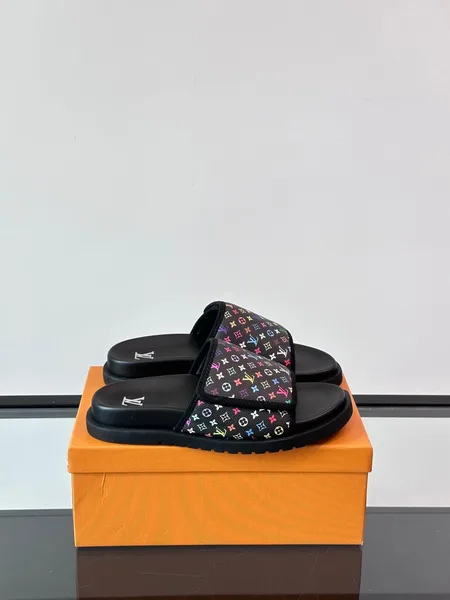 Louis Vuitton Men Black Canvas Multicolor Print Slides product view 1