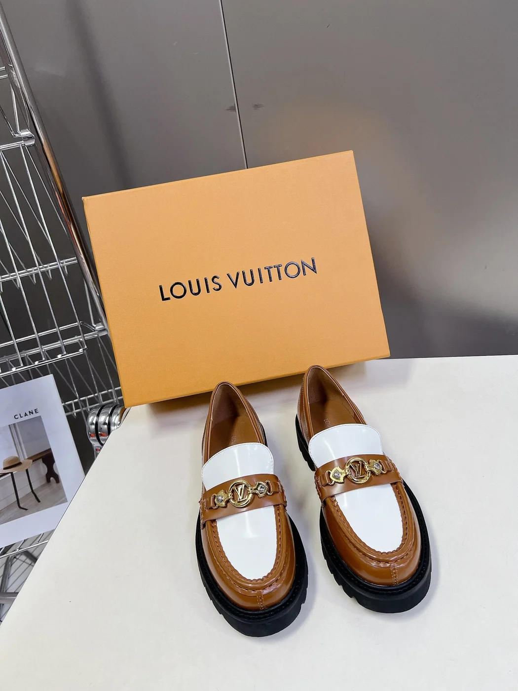 Louis Vuitton Women Brown White Leather Loafers product view 3