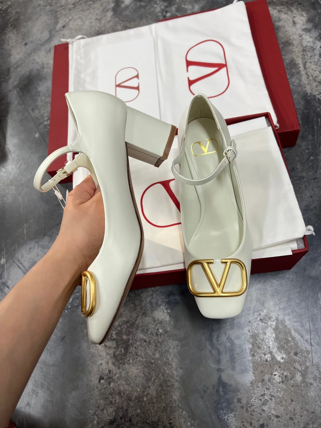 Valentino Women White Mary Jane Heels with Gold-Tone VLogo Detail product view 5