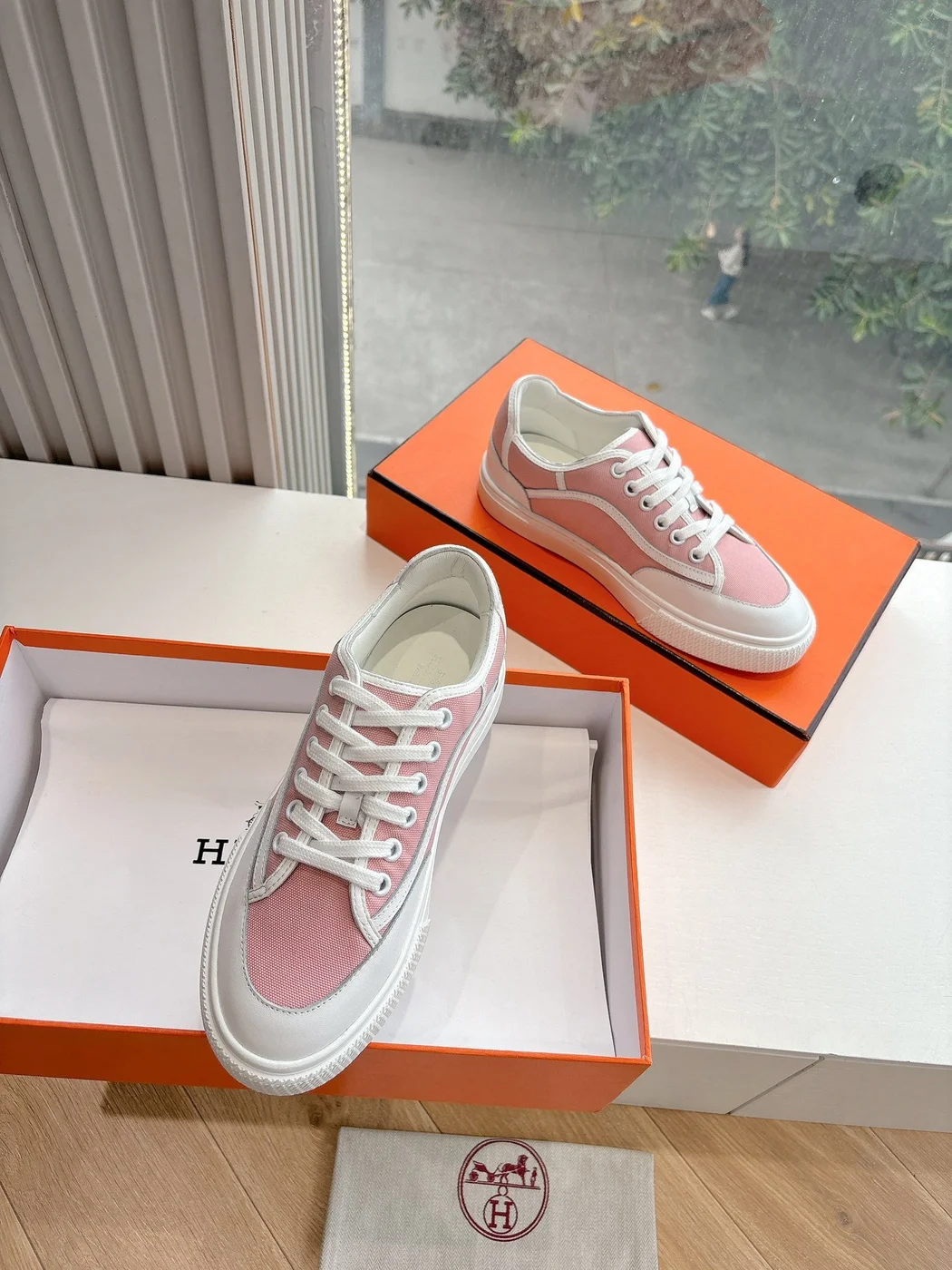 Hermès Women Pink Canvas And White Leather Sneakers product view 3