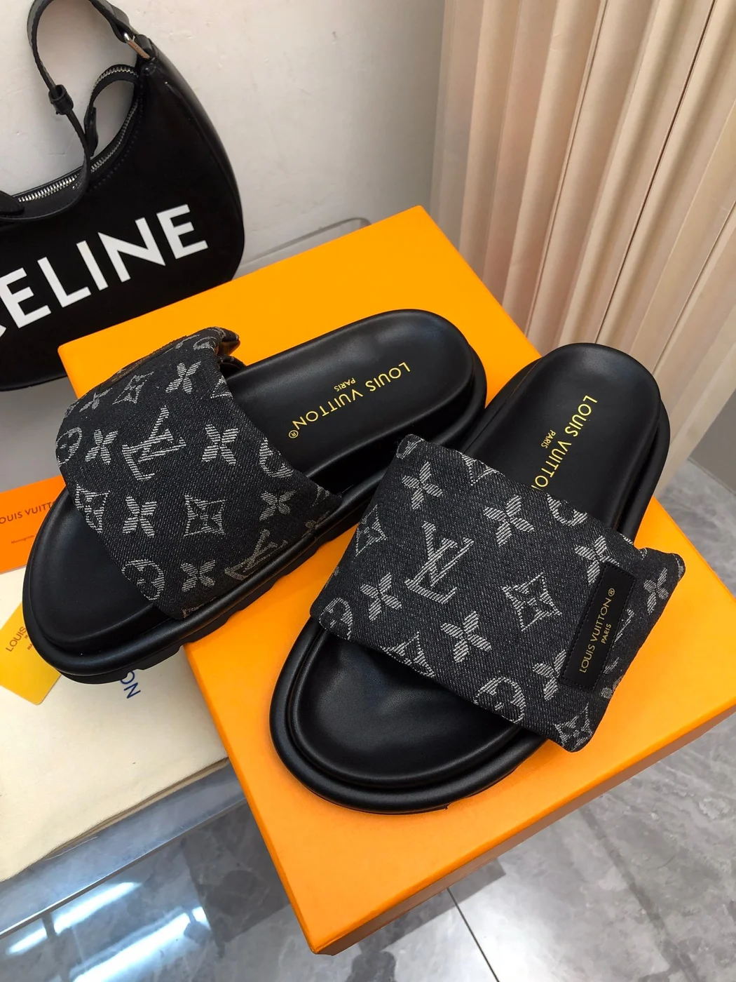 Louis Vuitton Women Black Canvas Monogram Slide Sandals product view 4