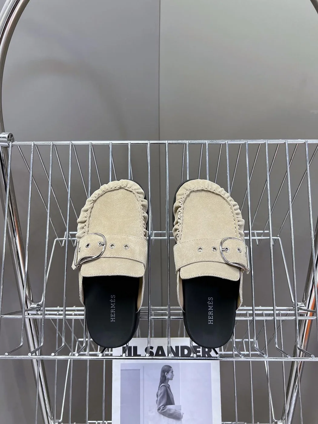 Hermès Women Beige Suede Buckle Mules product view 6