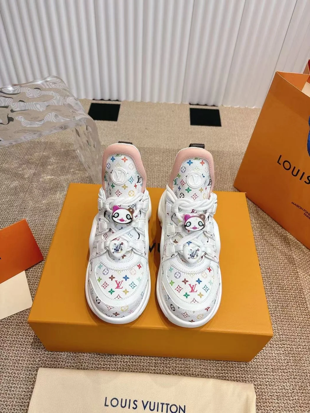 Louis Vuitton Women White Leather Multicolor Logo Sneakers product view 3
