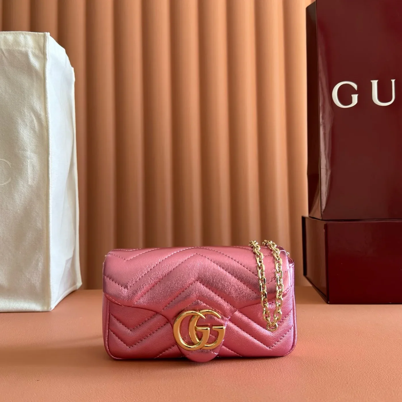 Gucci GG Marmont Bag 16 In Metallic Pink Lambskin product view 1