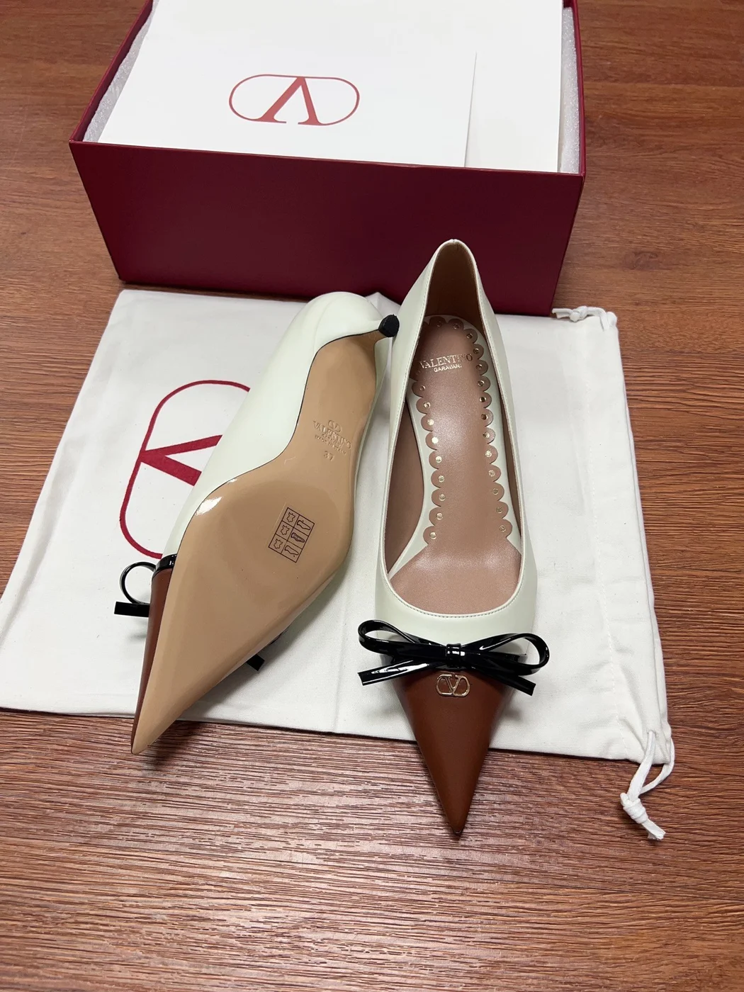Valentino Women Ivory Leather Brown Patent Heels product view 2