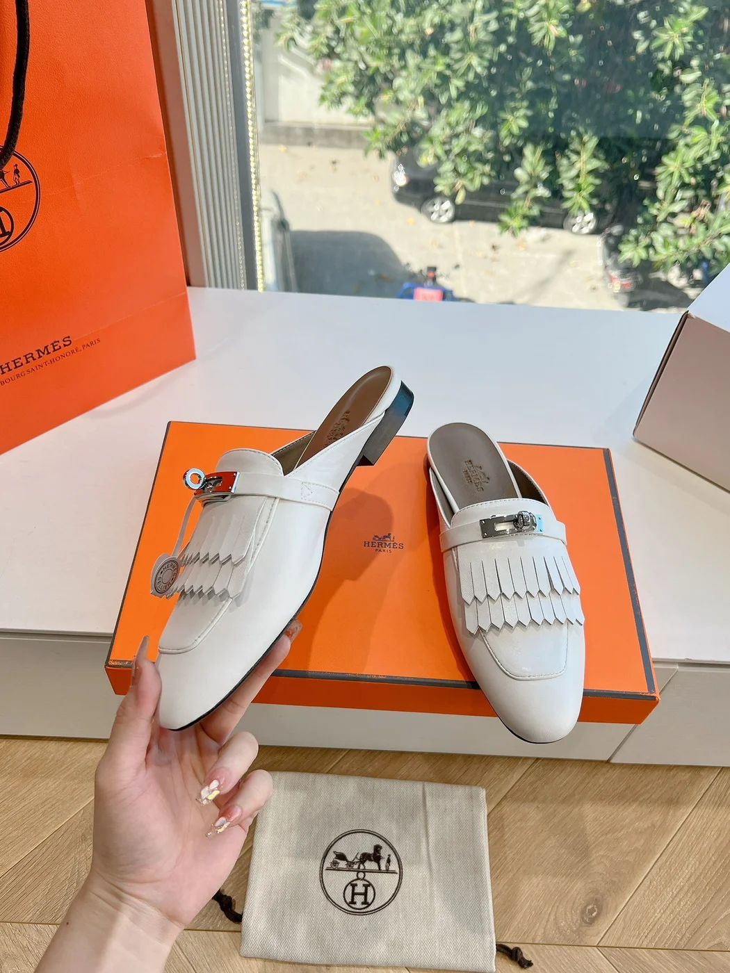 Hermès Women White Leather Fringe Mules product view 6