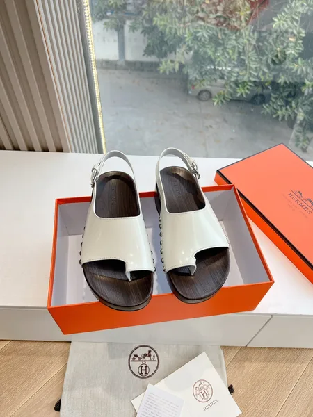 Hermès Women White Leather Wooden Sole Sandals product view 1